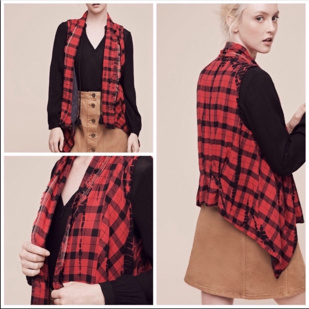 Anthropologie Black Red Tie Dye Plaid Vest